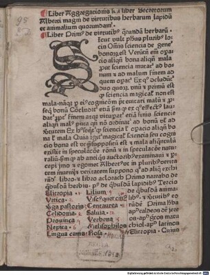 Liber aggregationis seu secretorum de virtutibus herbarum,lapidum et animalium; De mirabilibus mundi : Mit astrologischen Anhängen