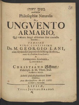 Diaskepsis Philosophiae Naturalis de Unguento Armario, Quo vulnera longe absentium sine contactu sanantur