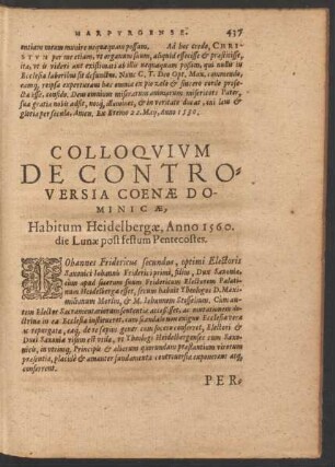 Colloquium De Controversia Coenae Dominicae, Habitum Heidelbergae, Anno 1560. die Lunae post festum Pentecostes.