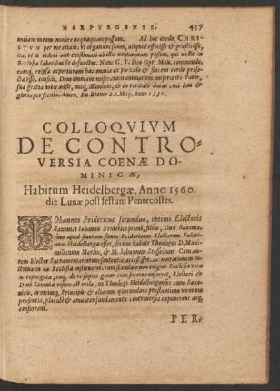 Colloquium De Controversia Coenae Dominicae, Habitum Heidelbergae, Anno 1560. die Lunae post festum Pentecostes.