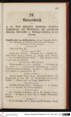 IV. Verzeichniß der in der Stadt Hildesheim befindlichen Behörden, Commissionen und Deputationen von allgemeinem Interesse, Unterrichts- u. Bildungs-Anstalten, so wie Vereine.