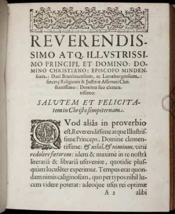 Reverendissimo At Q.Illustrissimo Principi, Et Domino: Domino Christiano: ... Salutem Et Felicitatemin Christo sempiternam.