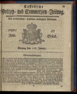 2tes Stueck, Montag den 11ten Januar. 1796