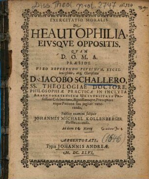 Exercitatio Moralis De Heautophilia, Eivsqve Oppositis