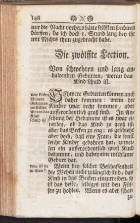 Die zwölffte Lection. Von schwehren und lang anhaltenden Geburten, woran das Kind schuld ist