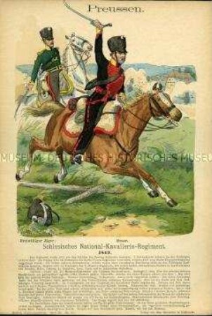 Uniformdarstellung, Freiwilliger Jäger und Husar des Schlesischen National-Kavallerie-Regiments, Königreich Preußen, 1813.