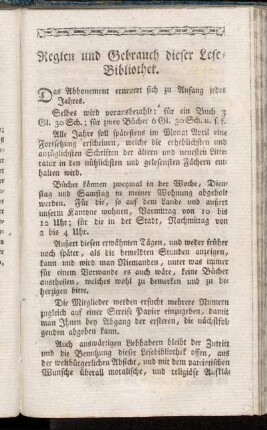 Reglen und Gebrauch dieser Lese-Bibliothek.