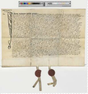 Testament der Aleke, Witwe des Hans Loes. Vermächtnis an den Barbare Altar von St. Lamberti. Es besiegeln die Ratsmannen Hinr. Tobingk und Hartwich Vischule.