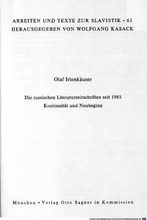 Die russischen Literaturzeitschriften seit 1985 : Kontinuität und Neubeginn