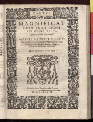 Vincenzo Neriti da Salo: Magnificat octo primi chori ... quatuor vocibus. Cantus