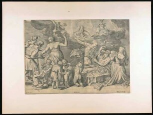 Kupferstich mit Darstellung von Allegorien der Kardinaltugenden