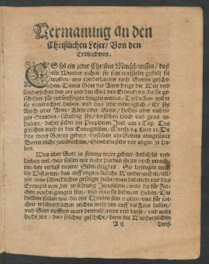 Vermanung an den Christlichen Leser/ Von den Erdbiedmen.