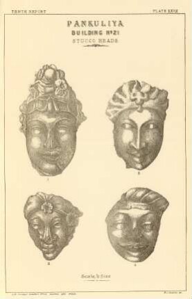 Plate XXVII. Pankuliya. Building No. 21. Stucco heads.