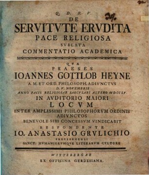 De Servitvte Ervdita Pace Religiosa Svblata : Commentatio Academica