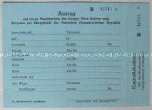 Vordruck für einen Passierschein-Antrag für Bürger Westberlins zum Besuch in der DDR-Hauptstadt (blanko)