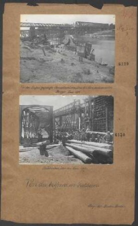 Von den Rußen gesprengte Eisenbahnbrücke über den San und zerstörte Bagger