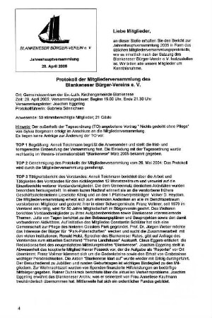 Protokoll der Mitgliederversammlungversammlung Des Blankeneser Bürger-vereins e. V.