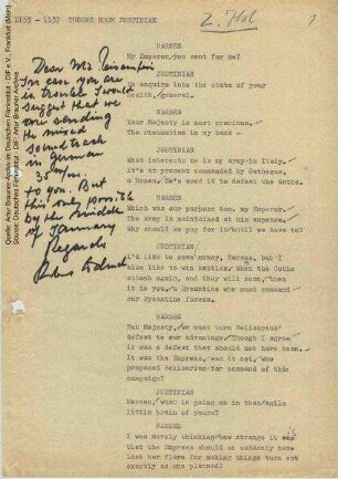 Englische Dialogliste (Auszug), mit handschriftlichen Anmerkungen von Robert Siodmak