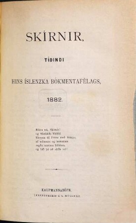 Skírnir : tímarit hins islenska bókmenntafélags. 1882