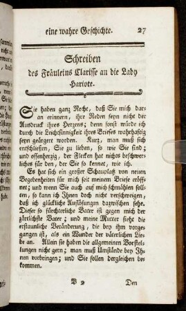 Schreiben des Fräuleins Clarisse an die Lady Hariote.