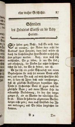 Schreiben des Fräuleins Clarisse an die Lady Hariote.