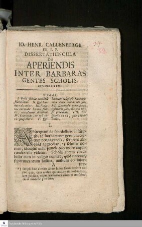 Io. Henr. Callenbergii Ph. P.P. Dissertatiuncula De Aperiendis Inter Barbaras Gentes Scholis
