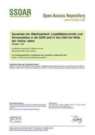 Sprachen der Wachsamkeit: Loyalitätskontrolle und Denunziation in der DDR und in den USA bis Mitte der 1950er Jahre