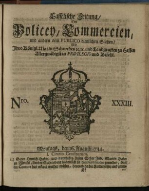 Nro. XXXIII, Montags, den 16. Augusti 1734