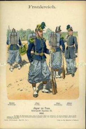 Uniformdarstellung, Hornist, Gemeine und Offizier des Jäger-Regiments zu Fuß der Kaisergarde, Zweites Kaiserreich Frankreich, 1857.