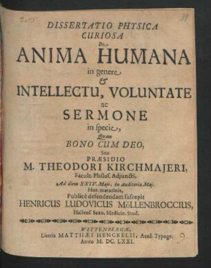 Dissertatio Physica Curiosa De Anima Humana in genere & Intellectu, Voluntate ac Sermone in specie