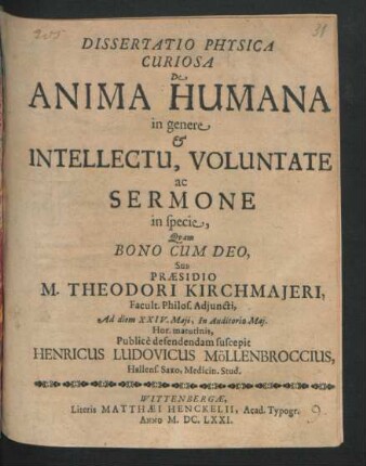 Dissertatio Physica Curiosa De Anima Humana in genere & Intellectu, Voluntate ac Sermone in specie
