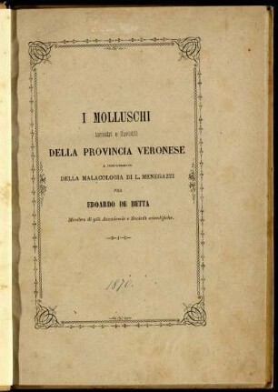 I Molluschi terrestri e fluviatili Della Provincia Veronese : A Complemento Della Malacologia Di L. Menegazzi
