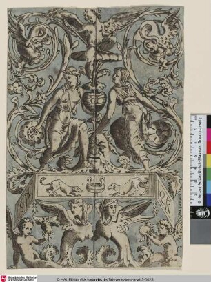 [Ornamentpaneel mit zwei weiblichen Genien, Amoretten, Wölfen und Mischwesen]