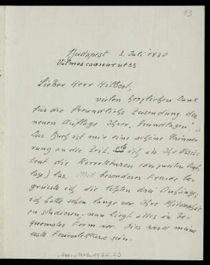 Nr. 13: Brief von Alfred Haar an David Hilbert, Budapest, 3.7.1930