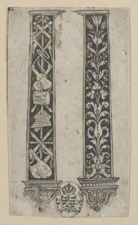 Ornamentblatt (Zwei Messergriffe mit Musikinstrumenten bzw. Pflanzenmotiven)