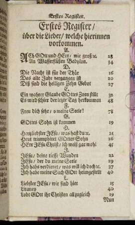 Erstes Register/ über die Lieder/ welche hierinnen vorkommen.