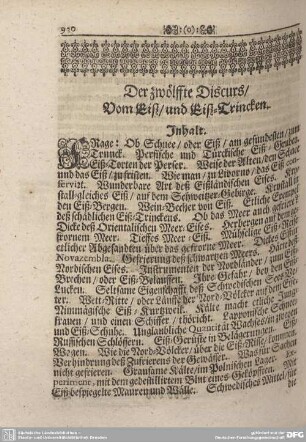 Der zwölffzehende Discurs/ Vom Eiß/ und Eiß-trincken.
