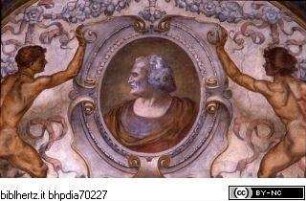 Gewölbedekoration mit allegorischem Tageszeitenzyklus und Künstlerporträts, Stichkappe mit dem Porträt Bramantes und der Vignette seines Tempiettos in Rom