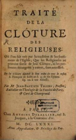 Traité de la cloture des Religieuses