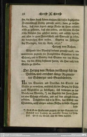 Der Herzog von Rohan verschanzt sich im Veltlin, und errichtet einige Regimenter Schweizer und Graubündter