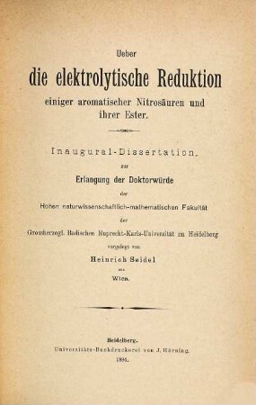 Ueber die elektrolytische Reduktion einiger aromatischer Nitrosäuren und ihrer Ester