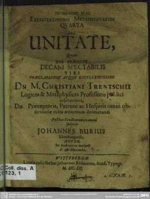 Exercitationum metaphysicarum quarta ... De unitate