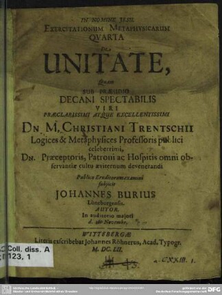 Exercitationum metaphysicarum quarta ... De unitate