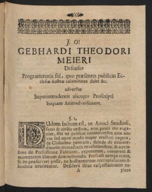 Gebhardi Theodori Meieri Defensio Programmatis sui, quo praesentes publicas Ecclesiae nostrae ...