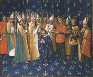 Grandes Chroniques de France — Krönung von Philipp-August in der Kirche zu Reims, Folio 212 verso