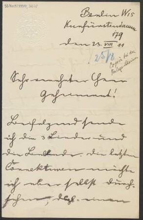 Brief an Ludwig Strecker  und B. Schott's Söhne : 23.08.1911