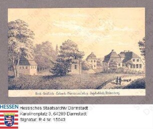 Krähenberg (heute: Beerfelden-Hetzbach), gräflich erbach-fürstenauisches Jagdschloss / Ansicht mit Park, mit Bildlegende