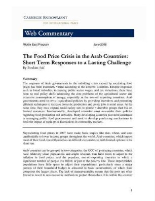 The food price crisis in the Arab countries: short term responses to a lasting challenge