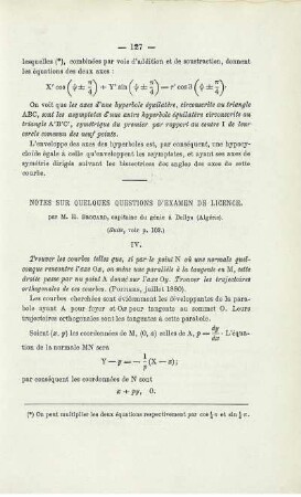 NOTES SUR QUELQUES QUESTIONS D'EXAMEN DE LICENCE.