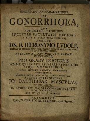 Dissertatio Inaavgvralis Medica De Gonorrhoea